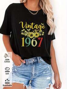 Short-Sleeved T-Shirt With Round Neck And Vintage Floral Print From 1967 With A Retro Summer Style. - Hitam - View 6