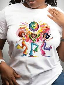 Limited Time Offer, Limited Quantity Available, Flash , Women's Shirts, Women's T-Shirts. Plus Size Women's Clothing: Black T-Shirt - Graphic Top, Casual And Stylish, With A Disco Ball Design. Soft; Versatile Style, Ideal For Both Everyday Wear And Parties; Machine Washable; Suitable For All Seasons. - 白色 - 查看 1