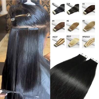 20 lọn tóc nối tự nhiên Remy - Dài 16"-26" kiểu thẳng, dán highlight màu đen, nâu và vàng pha trộn dành cho nữ | Nhẹ và bền