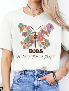 Modern And Minimalist Clothing Of Excellent Quality On  - Women's Casual Sport Style T-Shirt, Short Sleeve, Made Of Sweat-Absorbing Fabric, Combined With A Printed Design, Modern And Versatile For Sports, Casual Daily Wear And Various Occasions, Casual Women's Top For Everyday Wear. - 白色 - 查看 7