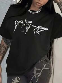 Camiseta de Manga Corta Estampada a la Moda para Mujer, Diseñada para el Verano, Camiseta de Algodón, Regalo Ideal - Negro - Ver 11