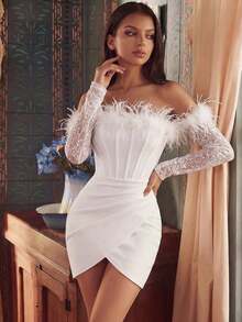 Elegante Vestido Corto de Blanco, Sin Tirantes, con Plumas Artificiales, Manga Larga, Cintura Alta y Abertura, para Graduación, Cumpleaños, Noche, Citas, de Bienvenida y Boda - Blanco - Ver 8