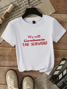 Red Letter Print Sports T-Shirt, Slim Fit Cropped White Short Sleeve Top For Women, Summer Casual - White - View 8
