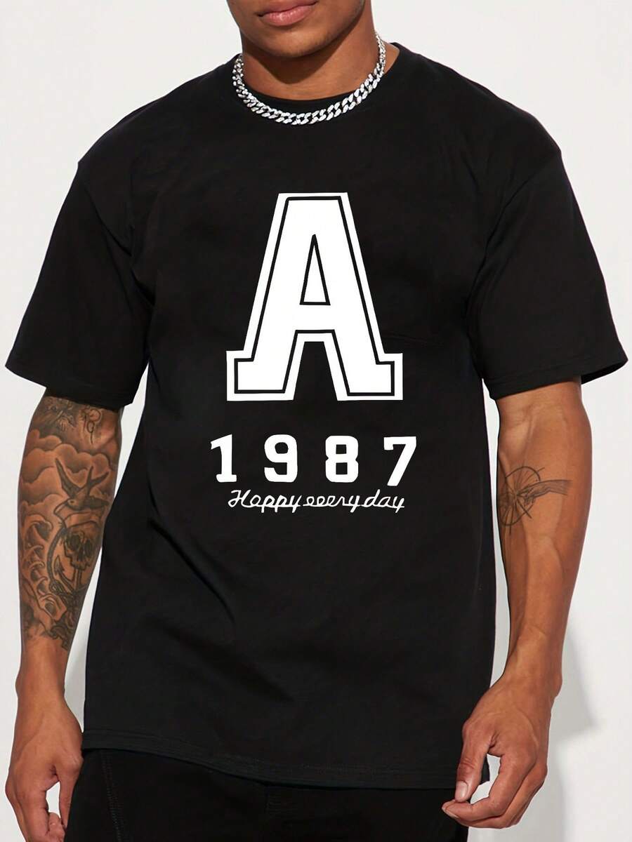 Camiseta unisex de manga corta, con estampado de letras"A"y"1987"yFelizTodos los díasTextoImprimirEstadounidenseDe modaMarcaDiseñoGraffitiCartaImprimirCortoMangaCamisetaUnisexoAltoCalleParejaTopplayerashombre, , , Dazymujer,romwehombres, bohochic,maestrasregalos,camisetaparaconjuntos de mujercon curvasparamu,y2k, - Negro - Ver 1