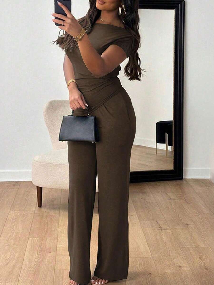 New Women's Summer Outfit, Minimalist And Elegant Style, Short Sleeves, Long Pants, Flattering Design, Cool, Versatile, Perfect For Office, Daytime Looks, Walks And Everyday Wear - 棕色 - 查看 1