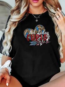 Women's Casual Sports T-Shirt With Colorful Heart Graphic Design - Black Elastic Crew Neck T-Shirt, Machine Washable, Comfortable Fit For All Seasons, Perfect For Everyday Wear. - 黑色 - 查看 6