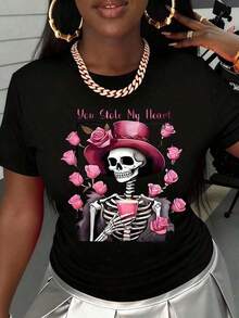 Camiseta de Mujer con Diseño de Esqueleto 'You Are My Heart' con Sombrero de Rosa y Taza, Camiseta Gráfica de Moda, Estilo Gótico, Súper Linda y Gráfica para Mujer! Suave, ligero y perfecto para el uso diario. Este elegante top añade un toque divertido y a la moda a cualquier atuendo informal. ¡Ideal para combinar con jeans, shorts o faldas para un look dulce y elegante! Ropa de verano fresca para mujer. - Negro - Ver 2