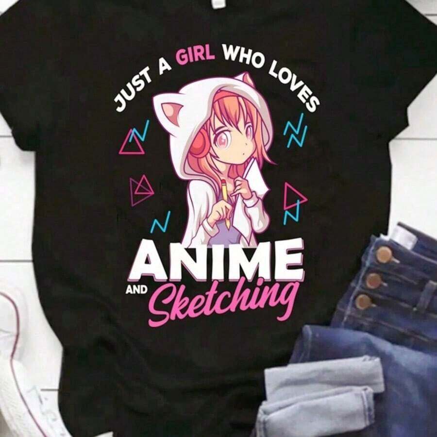 Women's Cotton T-Shirt With Anime Graphic Print, Short Sleeves, Round Neck, Casual Design With Cute Girl Sleeves, Comfortable, Suitable As A Gift. Women's T-Shirt. Blouses>Elegant. Boho Chic. Soft, Breathable, And Comfortable Women's Top, Ideal For Spring, Summer, And Autumn, Perfect For Vacations, Travel, And Everyday Wear. - 黑色 2 - 查看 1