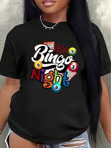 Short-Sleeved Polyester T-Shirt With A Fun Bingo Print, Suitable For Casual Wear At Home Or In Restaurants. Lightweight And Durable, Ideal For Game Nights And Leisure Activities. Women's Casual Blouse - 黑色 - 查看 7