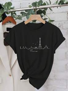 Camiseta Deportiva Casual para Mujer con Diseño Minimalista de la Torre - Camiseta Negra Elástica de Cuello Redondo, Lavable aáquina, Ajuste Cómodo y Perfecta para Todas las Estaciones, para Estilo Casual y Deportivo. - Negro - Ver 6