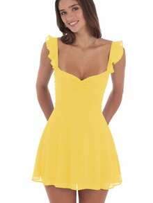 Women Summer Mini Cami Dress Solid Color Sleeveless Open Back Smocked Waist Mesh Dress - Amarillo - Ver 1