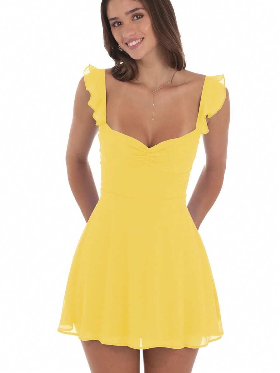 Women Summer Mini Cami Dress Solid Color Sleeveless Open Back Smocked Waist Mesh Dress - Amarillo - Ver 1