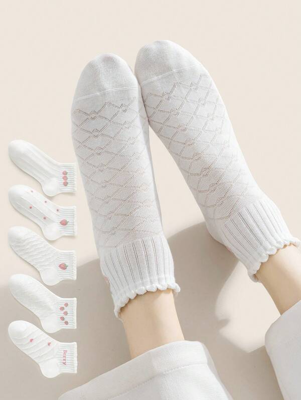 5 Paar Damen Erdbeermuster minimalistische bequeme Knöchelsocken, weiß und rosa, geeignet für alle Jahreszeiten