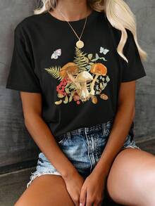 Women's Casual Summer Top, Illustrated Style, Mushroom And Butterfly Print, Short Sleeve Crew Neck T-Shirt, Winter Size, Women's Clothing - 黑色 - 查看 1