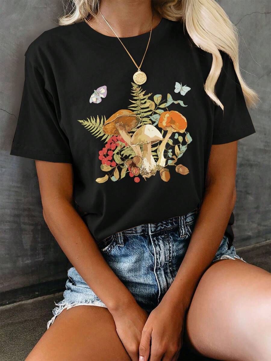 Women's Casual Summer Top, Illustrated Style, Mushroom And Butterfly Print, Short Sleeve Crew Neck T-Shirt, Winter Size, Women's Clothing - 黑色 - 查看 1