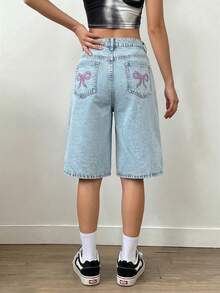 Women's Y2K Loose Wide-Leg Cropped Jeans With Butterfly Embroidered Pockets Casual Summer - Light Wash - View 5