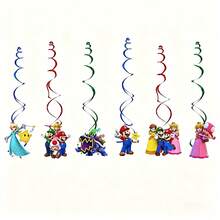 SUPER MARIO BROS. 1set Super Plumber Bros Adventure Game Inspired Party Decorations, Happy Birthday Banner + Swirls + Cake Toppers + Backdrop Set, Featuring Princess, Green Dinosaur & Classic Game Characters, Complete Supplies For Themed Parties, Indoor & Outdoor Use - Multicolor - View 5