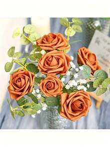 30pcs Artificial Foam Rose Flowers With Stems, Lifelike Texture, Romantic Style, Suitable For Wedding Decoration, Home Decor, Living Room, Dining Room, Kitchen, Bedroom, Garden, Art Wall, Birthday, Cake, Party, Photography Background, Vase Arrangement, Tabletop Centerpiece, White Wedding Gift, DIY Bridal Bouquet, Bridesmaid Corsage - Orange - View 6
