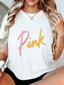 Camiseta de mujer con estampado degradado en rosa - camiseta de moda con cuello redondo, decorada con letras en rosa, amarillo y naranja, suave y transpirable, ideal como regalo casual y de moda para amigas y familiares. - Blanco - Ver 12