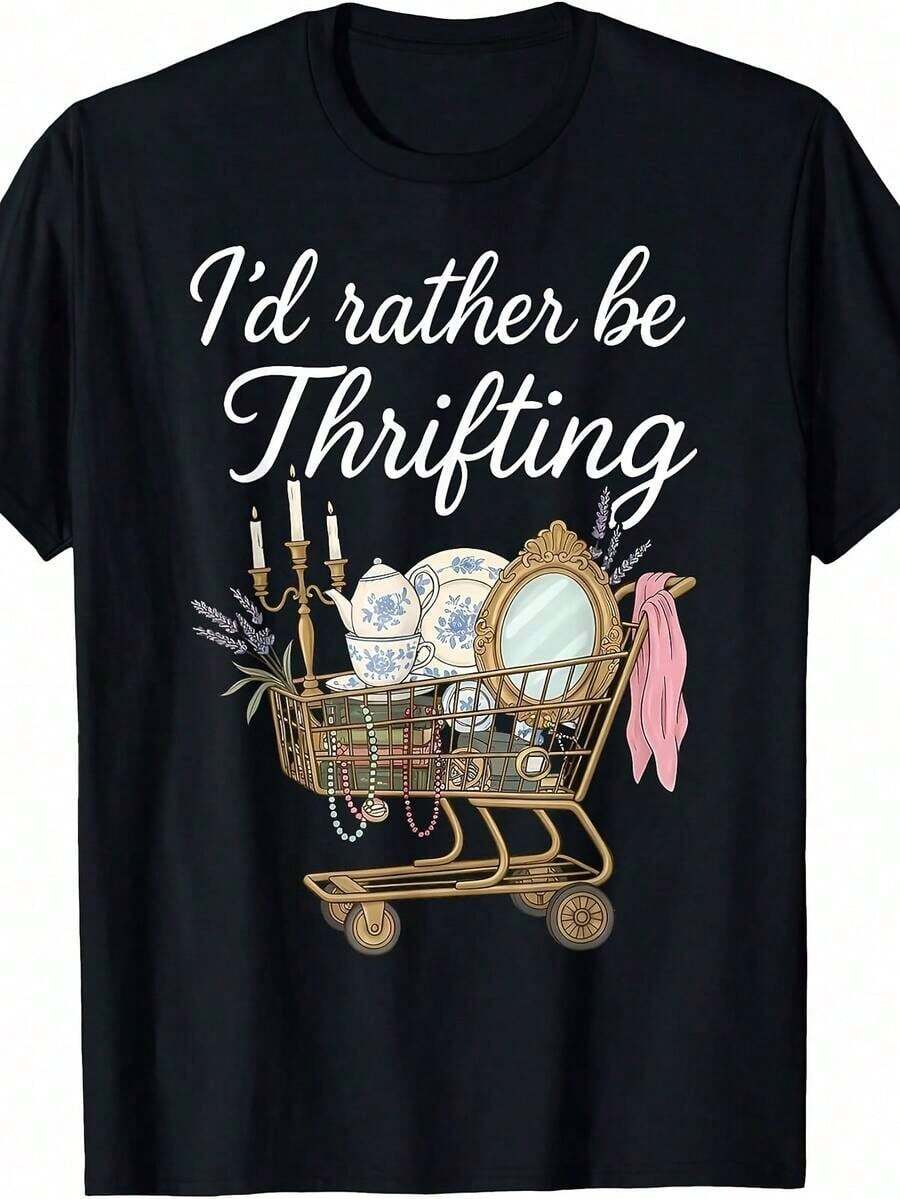 Camiseta de Mujer con Frase Vintage: "Preferiría Ir a la Tienda de Segunda Mano" - Camiseta para Amantes de la Moda de Segunda Mano - Nuevas Camisetas de Mujer para Primavera y Verano - Atuendos Divertidos para el Día a Día - Imprescindible para Regalar - 100% Algodón - Negro - Ver 1