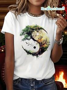 Una camiseta con estampado gráfico de diseño inspirado en la naturaleza, perfecta para uso casual en verano y primavera, diseñada para mujeres con manga corta y cuello redondo. - Blanco - Ver 2