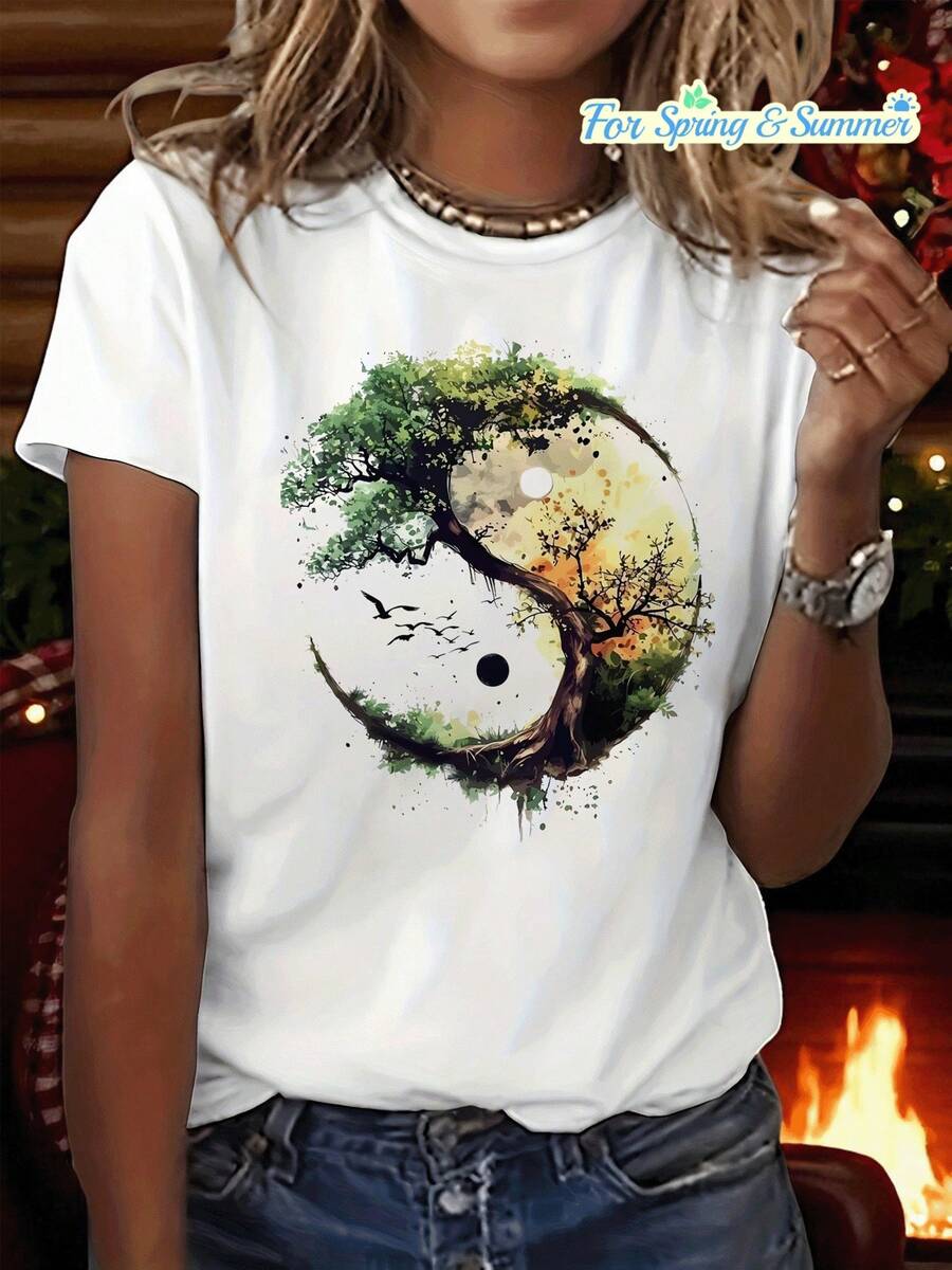 Una camiseta con estampado gráfico de diseño inspirado en la naturaleza, perfecta para uso casual en verano y primavera, diseñada para mujeres con manga corta y cuello redondo.