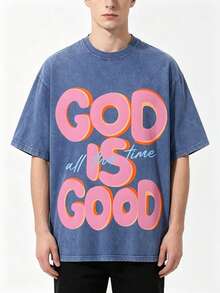 Men's God Is Good Distressed Graphic Tee, Oversized Crew Neck Short Sleeve Vintage Wash T-Shirt, Unisex Boyfriend Fit - 藍色 - 查看 4