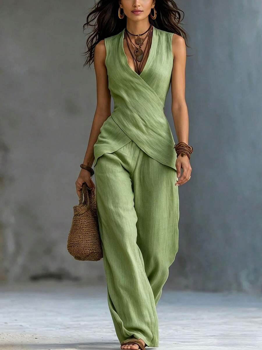Conjunto Casual de Oficina Estilo Europeo Americano 2026, Top Cruzado Cuello V y Pantalones Simples para Mujer - Verde claro - Ver 1