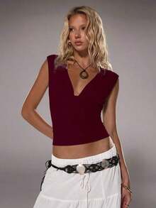 Camiseta sin Mangas Casual Ajustada con Cuello en V Profundo para Mujer, Primavera/Verano - Burdeos - Ver 7