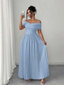Vestido bandeau con hombros abiertos y cintura fruncida , vestido de graduación elegante y romántico de verano para mujer talla grande, vestido casual de cumpleaños para mujer - Celeste - Ver 4