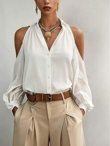 Women's Solid Color Cold Shoulder Blouse, Suitable For Daily Commute And Office Wear, Summer New Arrival White - White - View 5