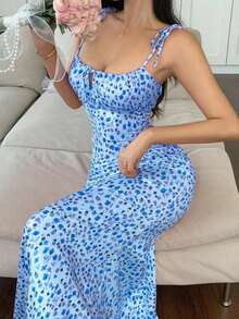 Vestido elegante ajustado con estampado floral diminuto, detalle de lazo y bajo de cola de pez para mujer - Multicolor 3 - Ver 3