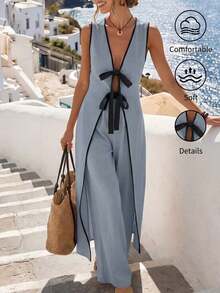 Conjunto de 2 piezas de verano bohemio de vacaciones para mujer con chaleco sin mangas con lazo de contraste de color y pantalones de pierna ancha, vestido de vacaciones sexy de verano, mono sin espalda, vestido de verano con envolvente, vestido - Gris - Ver 1