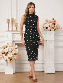 xheEllevyn Vestido elegante de longitud media con pliegues y estampado de lunares para mujerxhe - Blanco y Negro - Ver 5