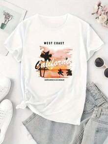 Women's Short-Sleeved T-Shirt With A Creative Sunset And Beach Print, Casual And Sporty Style, Comfortable For Summer, Ideal For Vacations. Casual Short-Sleeved T-Shirt With A Round Neck And Graphic Print For Women, Made Of Soft Cotton, A Gift For Mother's Day And Easter, Breathable And Comfortable. - 白色 - 查看 2