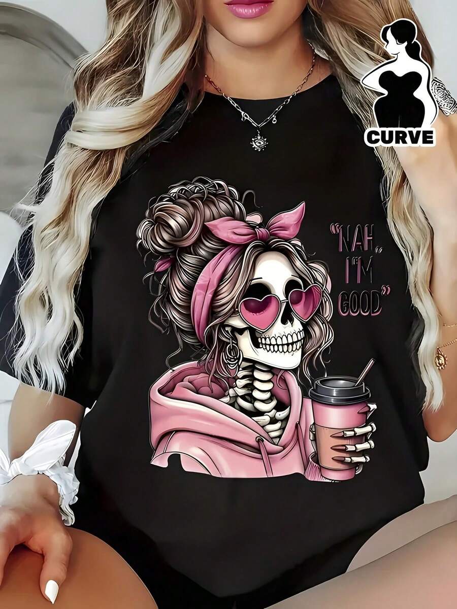 Camiseta de verano de manga corta con estampado para mujer 2026, camiseta casual de manga corta para mujer con corte holgado, camiseta de manga corta para mujer con estampado de calaveras y gafas de sol, estilo regular, cuello redondo, versátil, lavable aáquina, cómoda, adecuada para uso diario, informal y deportivo, camiseta básica casual de verano de manga corta. - Negro - Ver 1