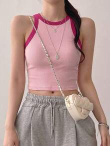 Top corto de tirantes de unicolor casual para mujer - Rosa - Ver 3