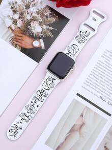 雕花矽膠錶帶，相容 40mm 41mm 42mm 44mm 45mm 46mm 49mm，時尚優雅運動休閒錶帶，相容 Ultra/11/10/9/8/7/6/5/4/SE，女款智慧手錶錶帶 - 白色錶帶配黑色花 - 查看 3