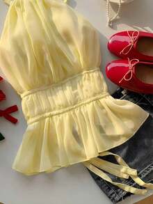 Camiseta sin espalda con cuello halter y espalda con lazo fruncido - Amarillo claro - Ver 6