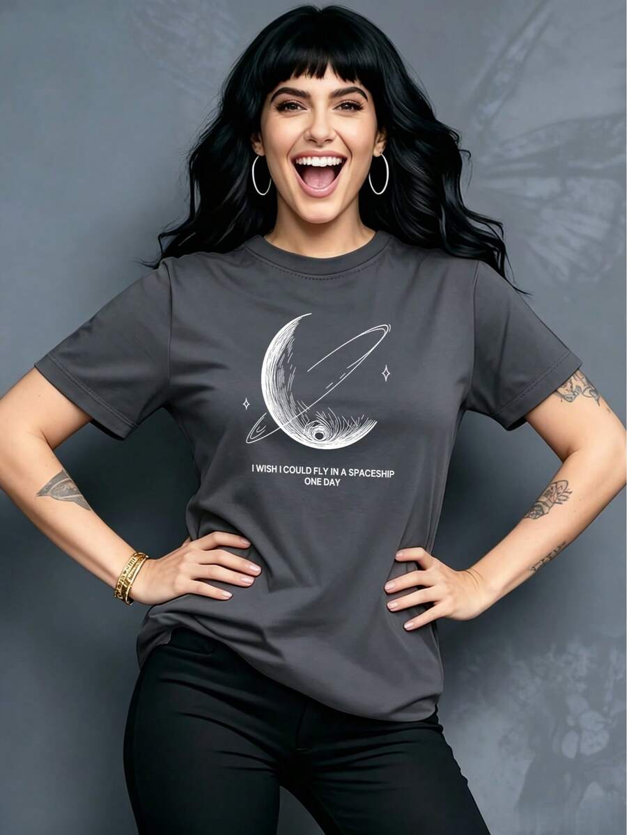 Women's Casual Short-Sleeved Crew Neck T-Shirt With Planet Print, Ideal For Summer, With A Regular Fit And Slightly Stretchy Fabric, Perfect For Everyday Wear Or Holidays. - 深灰色 - 查看 1