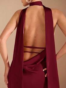 Vestido con escote en V profundo, tirantes de espagueti, cintura con amarre y espalda descubierta, elegante y sexy, adecuado para cócteles, citas románticas, como capa base en otoño/invierno, fiestas, bodas, Halloween, Navidad - Burdeos - Ver 6