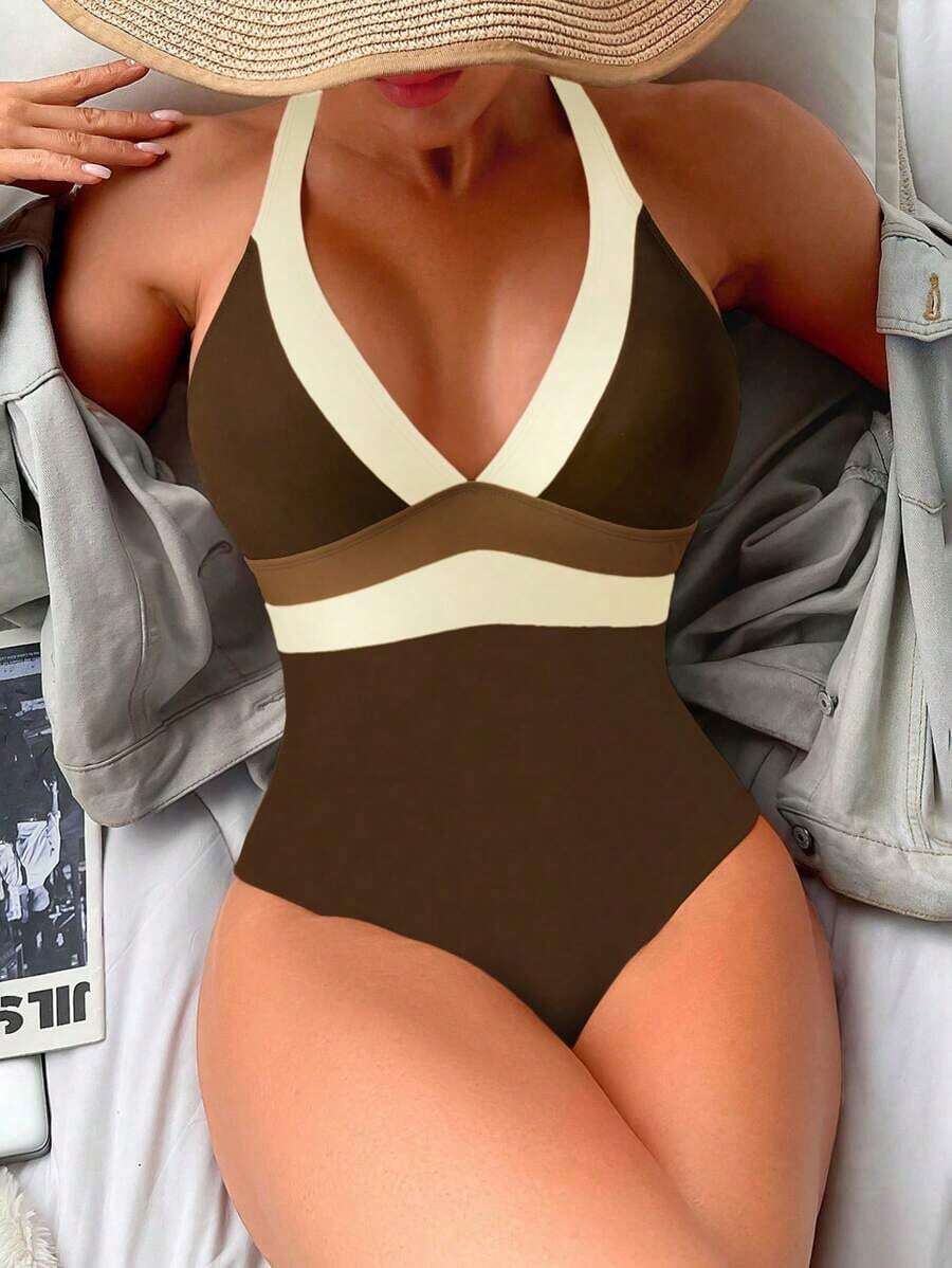 1 pieza Traje de baño de una pieza con nudo de corbata de halter y bloques de color para mujer - Multicolor 4 - Ver 1
