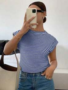 Camiseta casual de mujer de cuello redondo a rayas, de verano - Azul y blanco - Ver 9