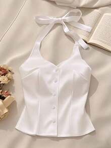 1 pieza Camiseta de tirantes finos de satén blanco sin espalda / Camiseta ajustada sexy y elegante de un solo pecho - Blanco - Ver 1