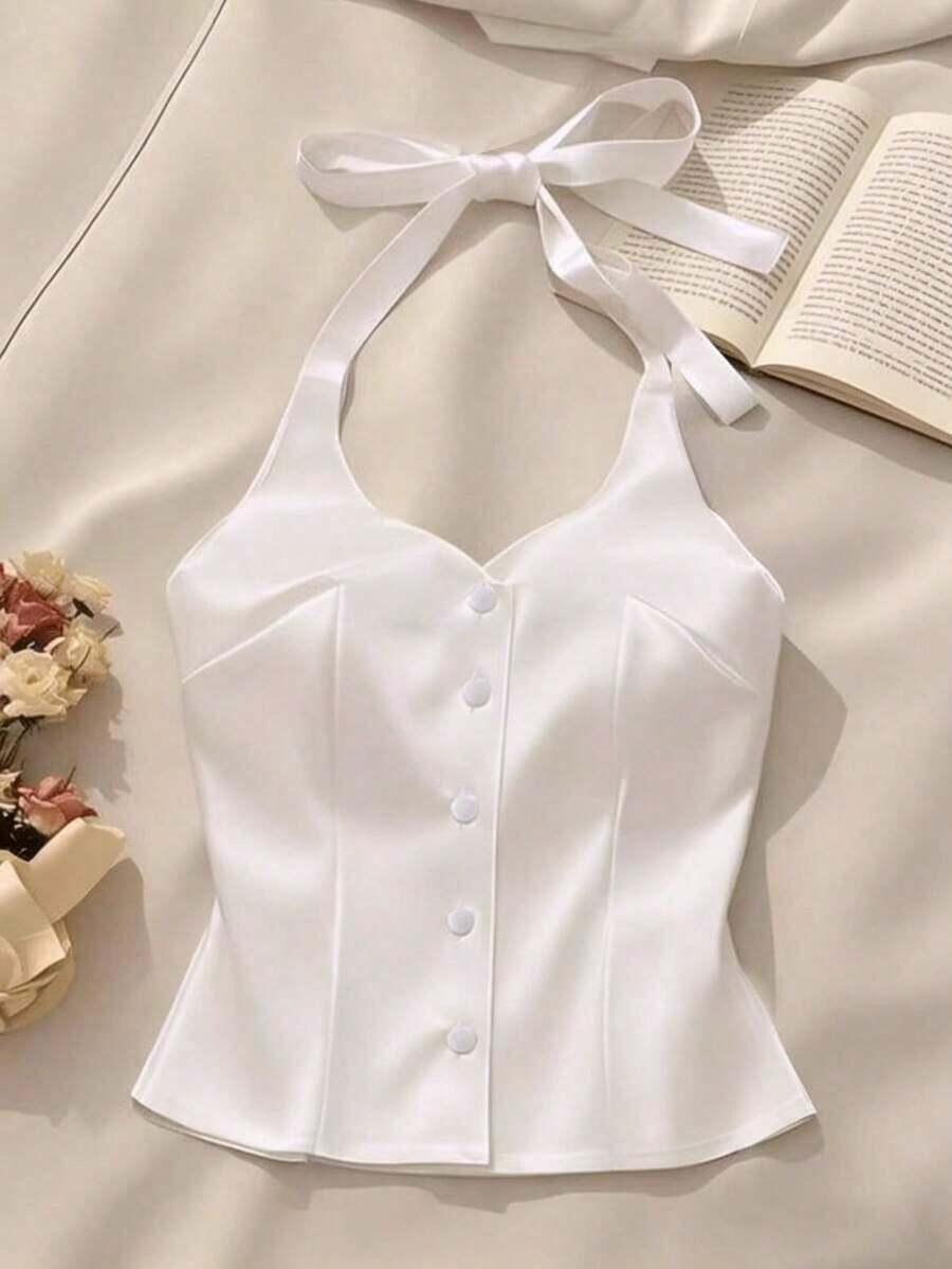1 pieza Camiseta de tirantes finos de satén blanco sin espalda / Camiseta ajustada sexy y elegante de un solo pecho - Blanco - Ver 1
