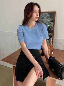 Camiseta de manga abullonada de color sólido, crop tops para mujeres - Celeste - Ver 5