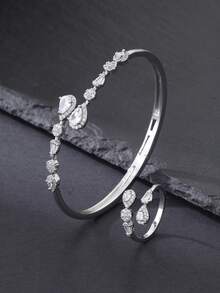 Bộ 2 món nhẫn và vòng tay hở sang trọng, đính đá pha lê hình quả lê và tròn lấp lánh, thiết kế thanh lịch, mạ bạc/vàng, phù hợp đeo hàng ngày, dự lễ hội, tiệc tùng, đám cưới, quà tặng Eid/tốt nghiệp. - Những giọt nước lấp lánh - Xem 7