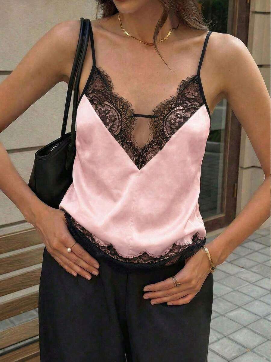 Top de camisola de encaje lujoso| Encaje de contraste + tela suave, sexy y que estiliza la figura para el verano - Rosa - Ver 1