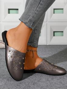 Vintage Rivet Backless Mules Women Shoes, Flat Slip-On Punk Style Comfortable Versatile Outdoor Slippers - Gun Gray - View 5