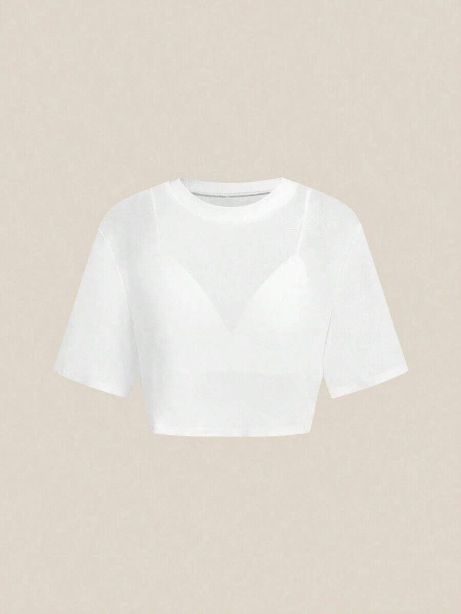 BASICS 2 piezas Top de tirantes recortado de color liso casual y top corto de manga corta holgado y transparente de malla con cuello redondo - Blanco - Ver 1